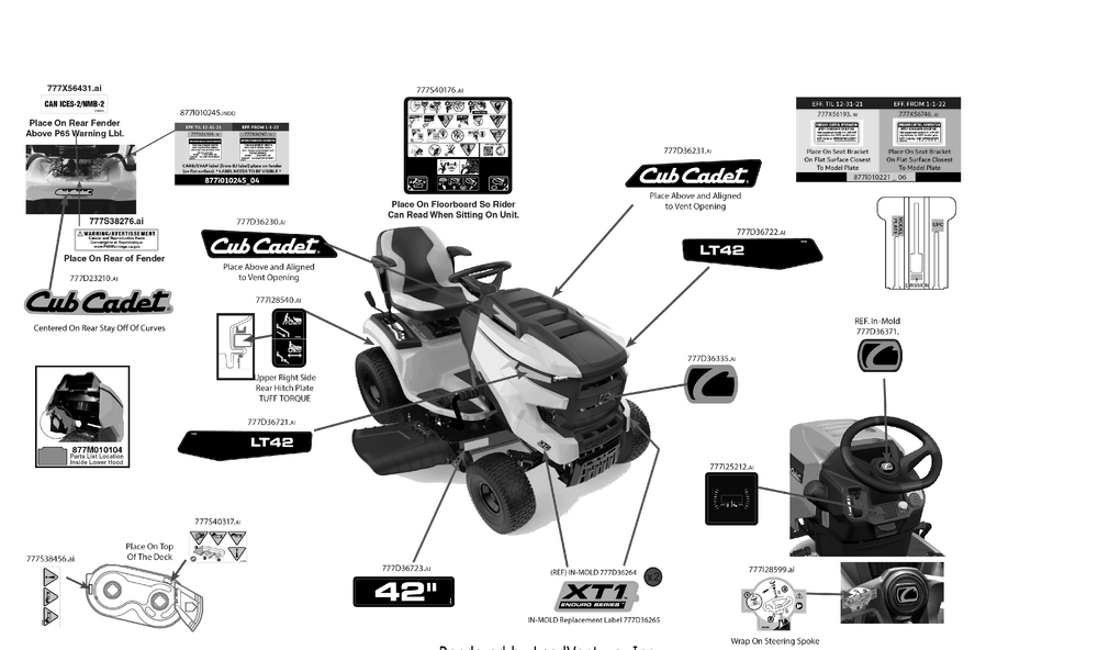 Label Map Diagram and Parts List for XT1-LT42KH (13AKA9TSB10)(2022) Cub Cadet Lawn Tractor